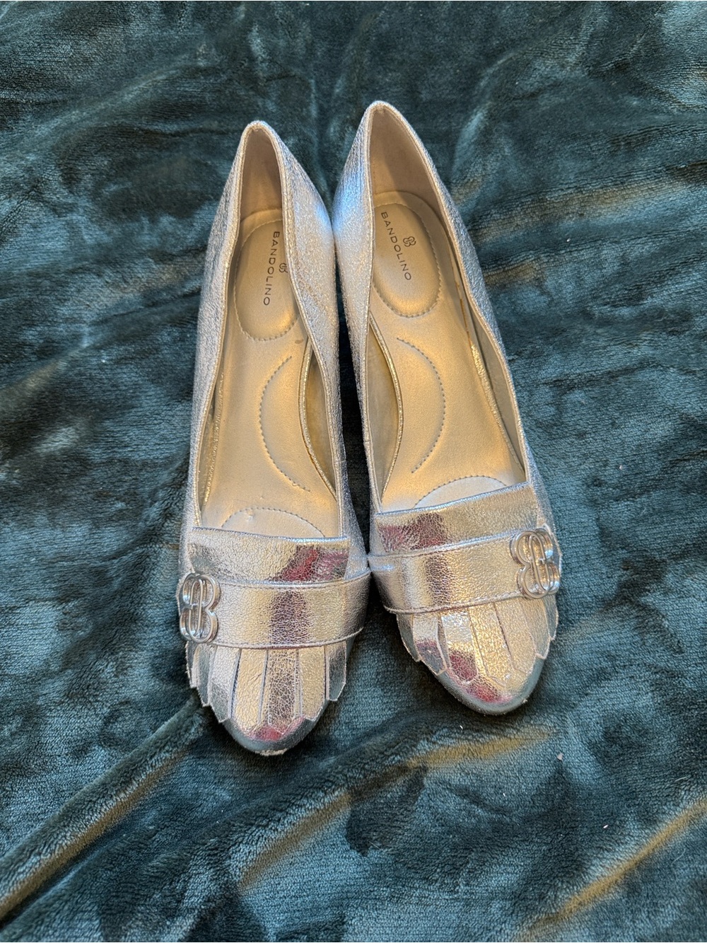 Bandolino Silver Metallic Fringe Block Heels with Buckle